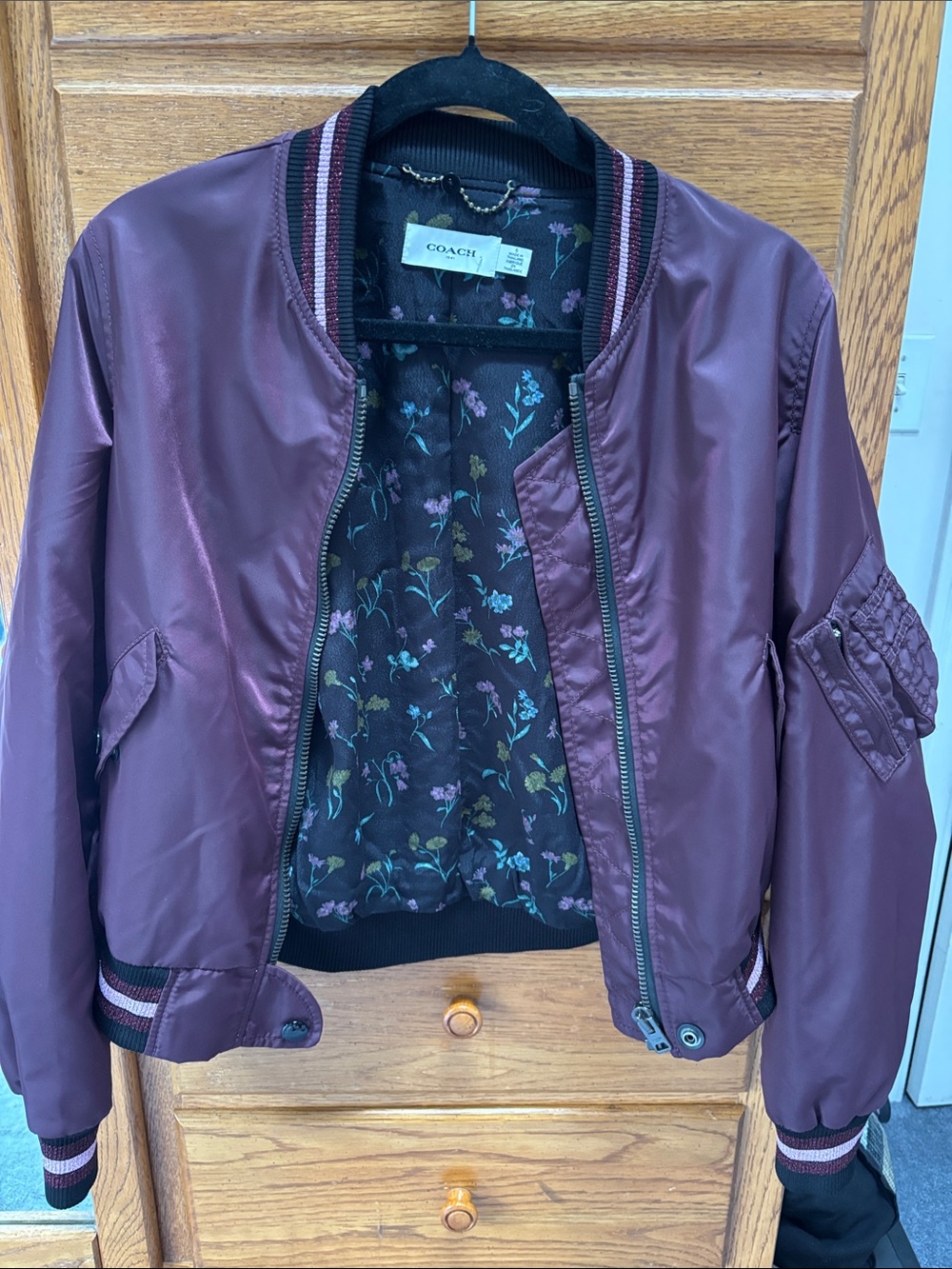 Coach Wine Satin Bomber Jacket with Floral Lining